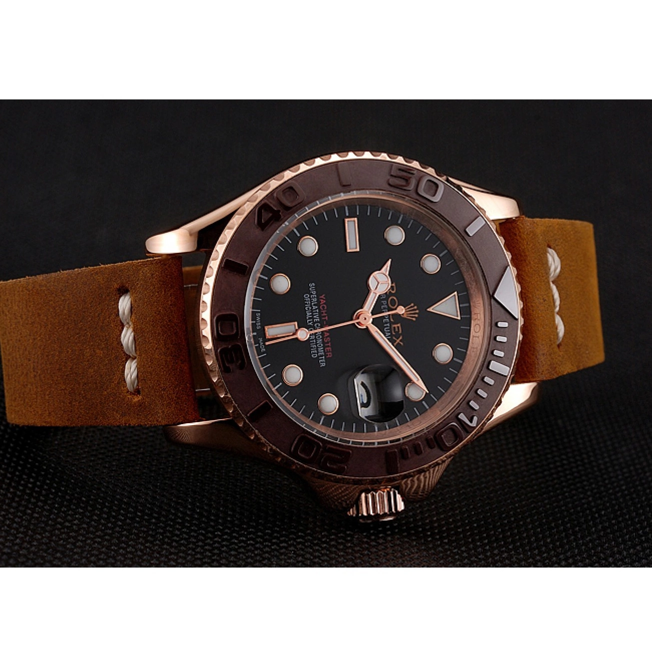 Aaa replica watch Dial 1453860 Bezel Rolex Leather Gold Brown Brown Black Case Yacht Rose Bracelet Master 0713